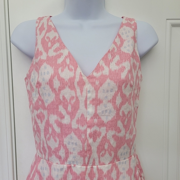 GAP 100% Linen Lined Pink White V Neck Mini Dress Pleated Pockets Size 0 - Picture 2 of 12
